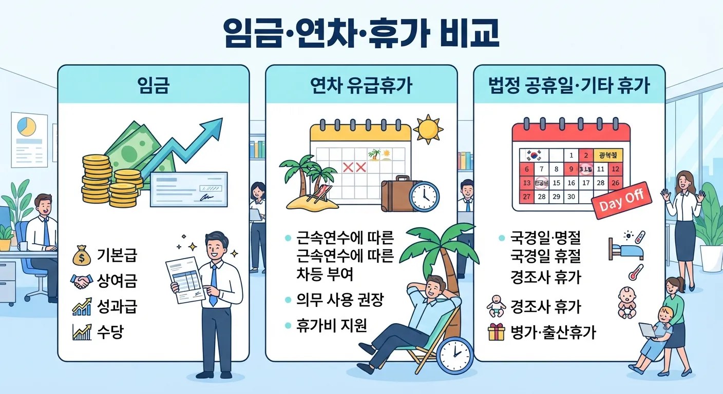 임금·연차·휴가 비교 일러스트