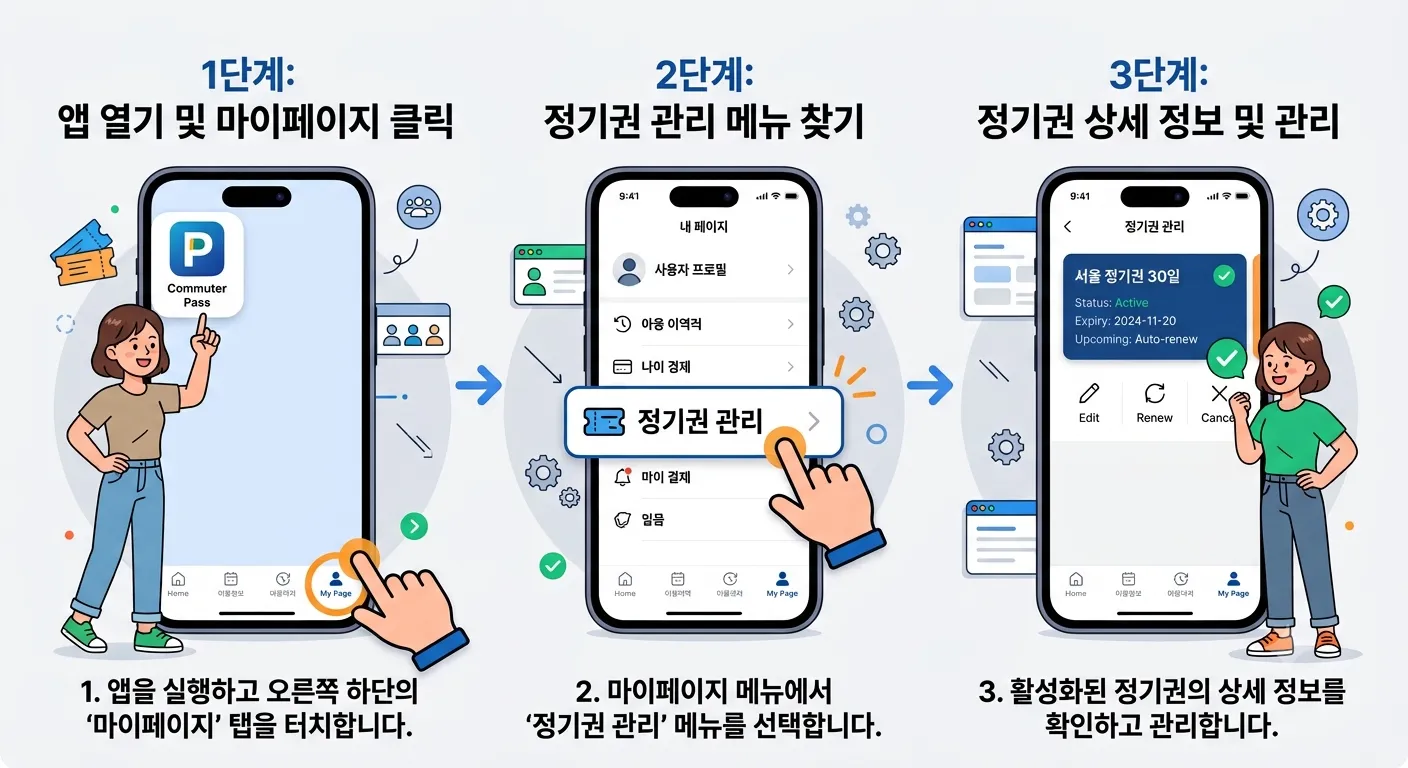 앱에서 정기권 관리 화면을 찾는 손쉬운 안내 일러스트