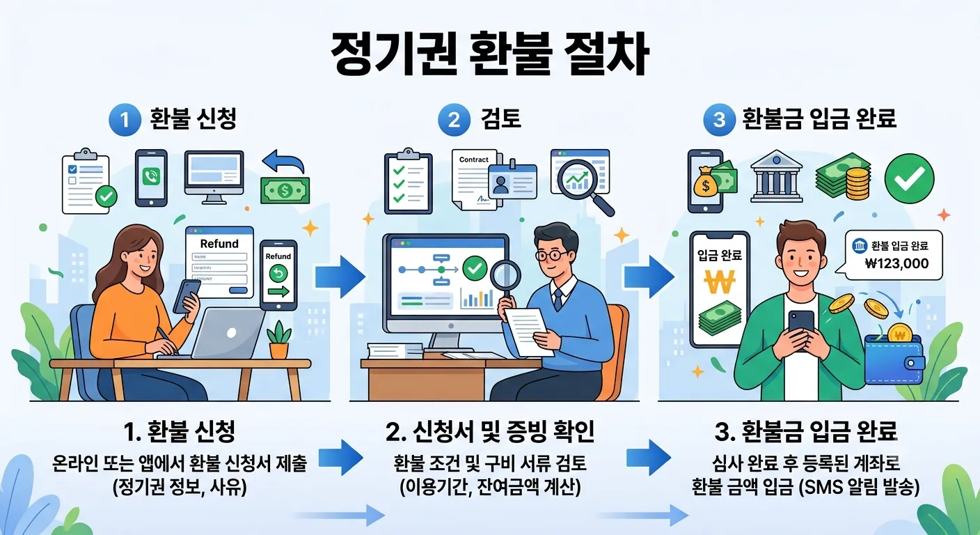 정기권 환불 절차(신청→검토→입금)를 단계별로 보여주는 간단한 일러스트