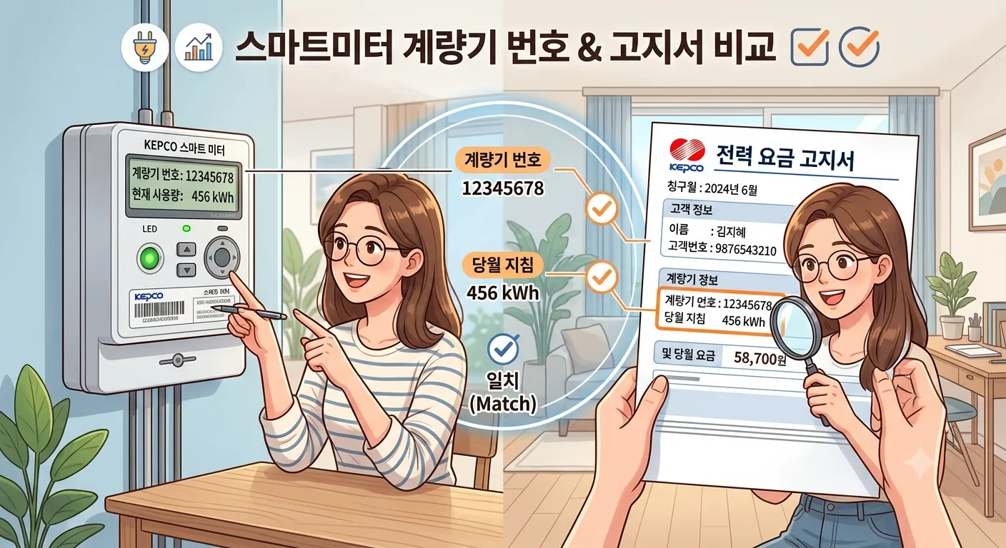 스마트미터 계량기 번호와 고지서 비교 일러스트