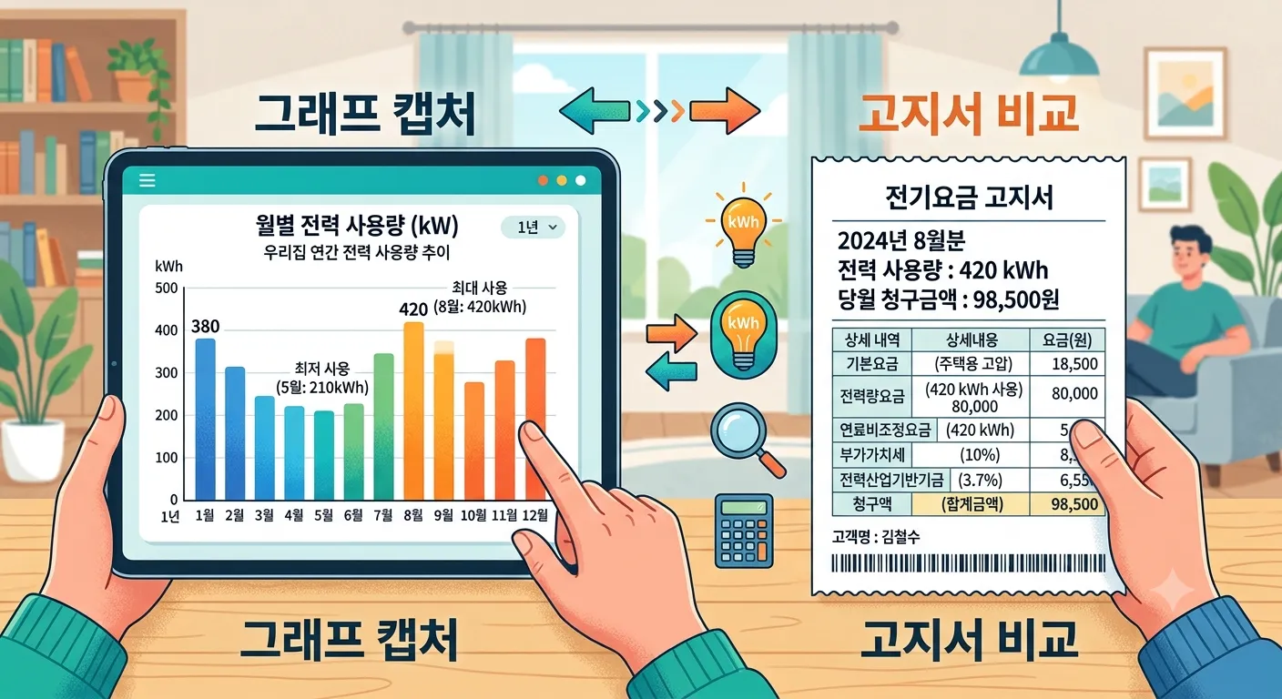 월별 전력 사용량 그래프 캡처와 고지서 비교 일러스트
