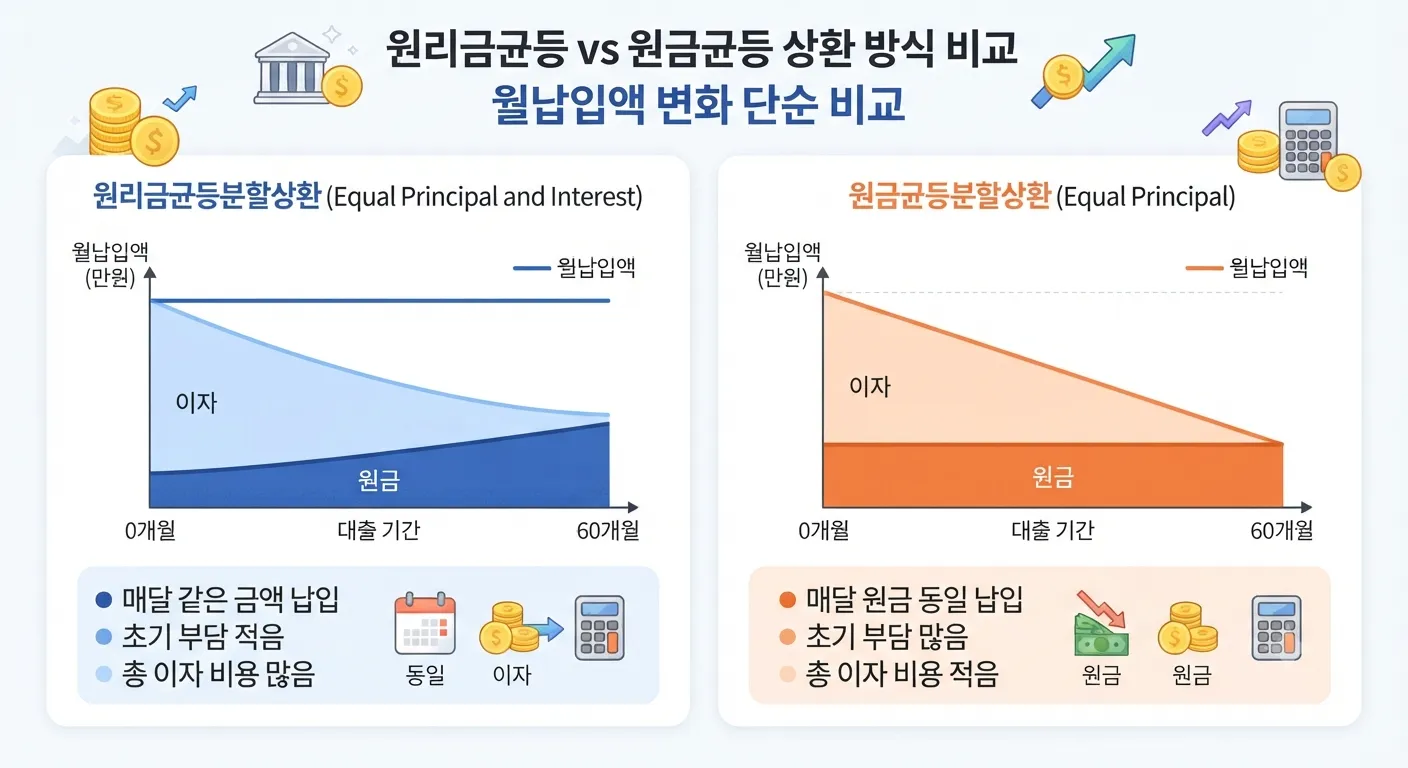 원리금균등과 원금균등의 월납입액 변화를 단순 비교한 일러스트